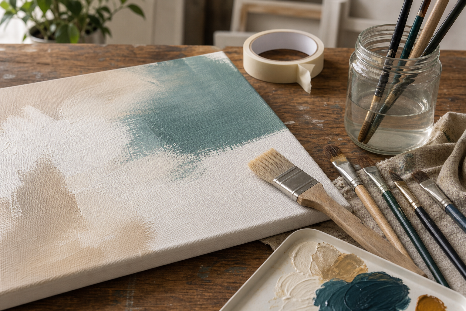acrylverf op canvas met brede kwast