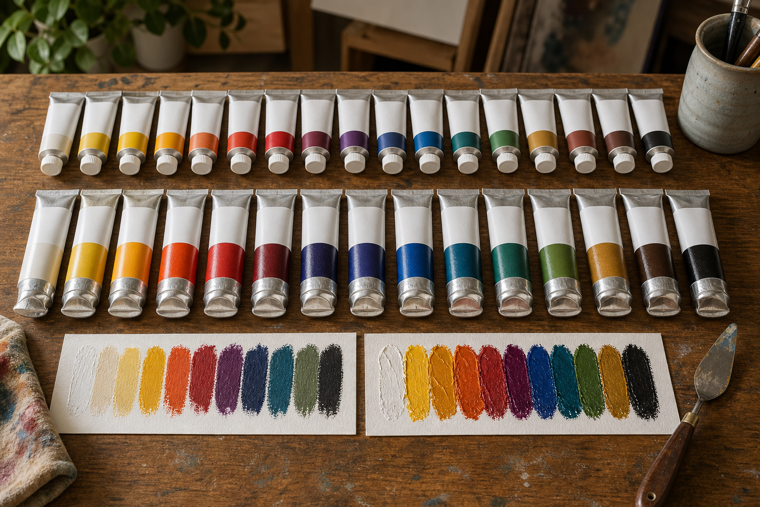 artist grade acrylverf tubes met kleurproeven