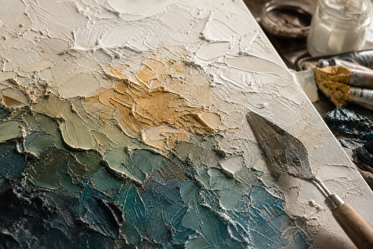 textuur verf schilderij met paletmes en pasta
